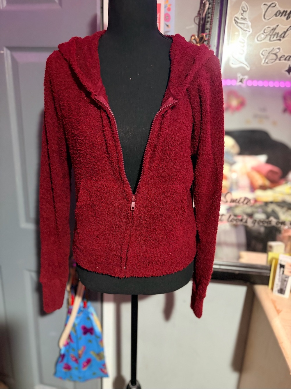SO Burgundy Full Zip-Up Teddy Hoodie- M